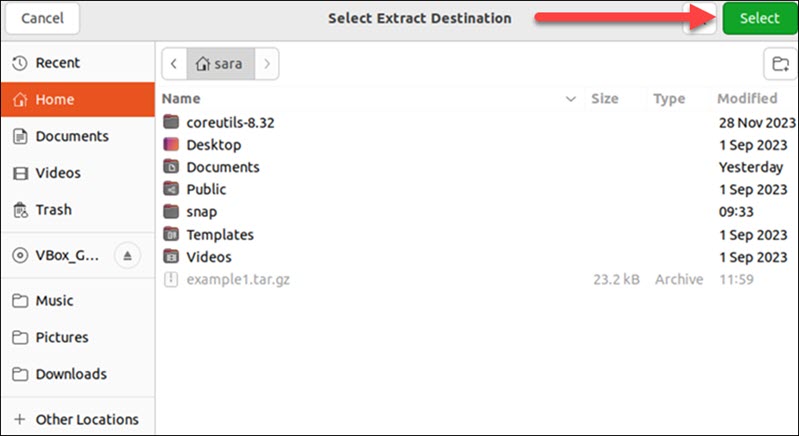 Selecting files in the extract window dialog