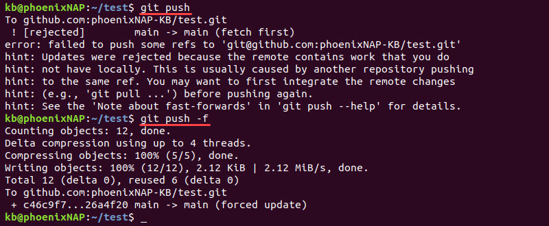 git push -f terminal output