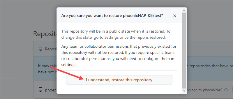 GitHub restore repository confirmation