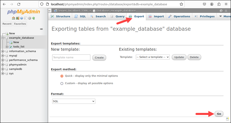 Backing up MySQL databases using phpMyAdmin.