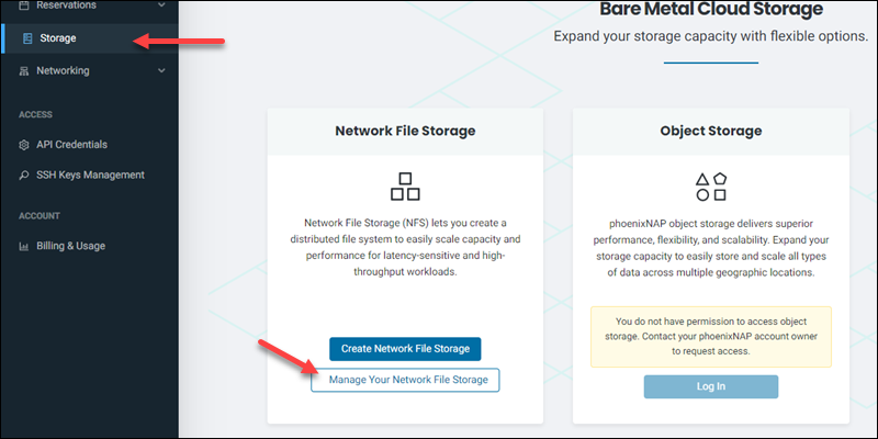 Bare Metal Cloud Storage NFS manage your NFS button