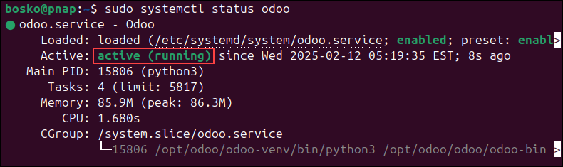 Checking the Odoo service status on Ubuntu.