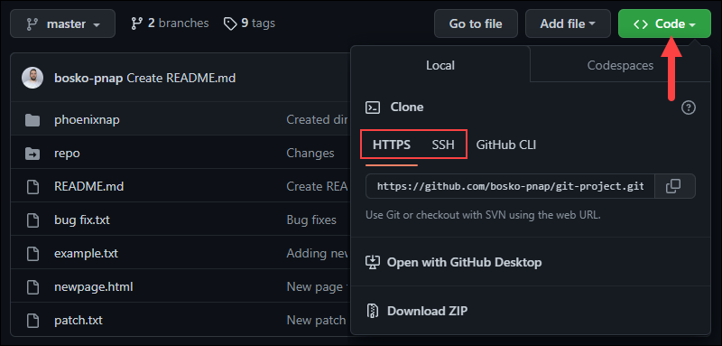 Obtaining the HTTPS and SSH URL for a remote repository on GitHub.