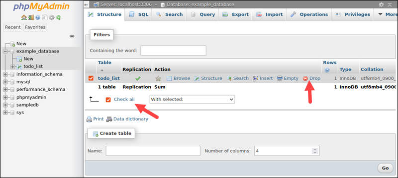 Clearing old database data before restoring it in phpMyAdmin.