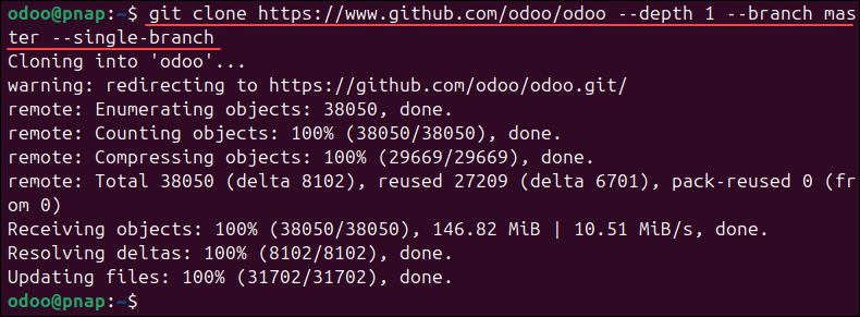 Cloning the Odoo git repository on Ubuntu.