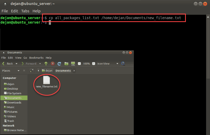 Copying a file in Linux with cp.