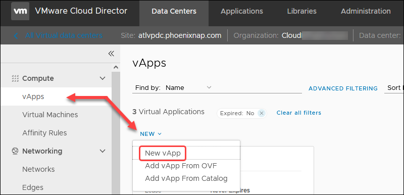 Create a vApp with a new VM screen in vCD