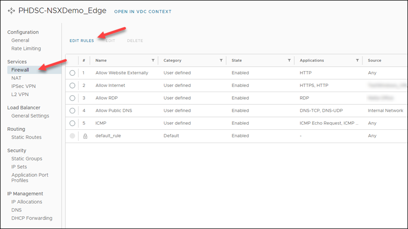 Edge gateway edit firewall rules NSX-T