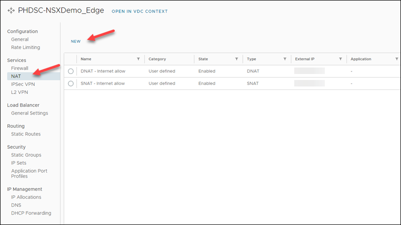 Edge gateway new NAT rule NSX-T UI