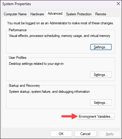 Windows Environment Variables settings.