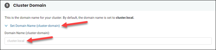 Advanced configuration settings - Cluster Domain section.