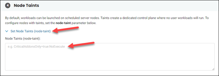 Advanced configuration settings - Node Taints section.