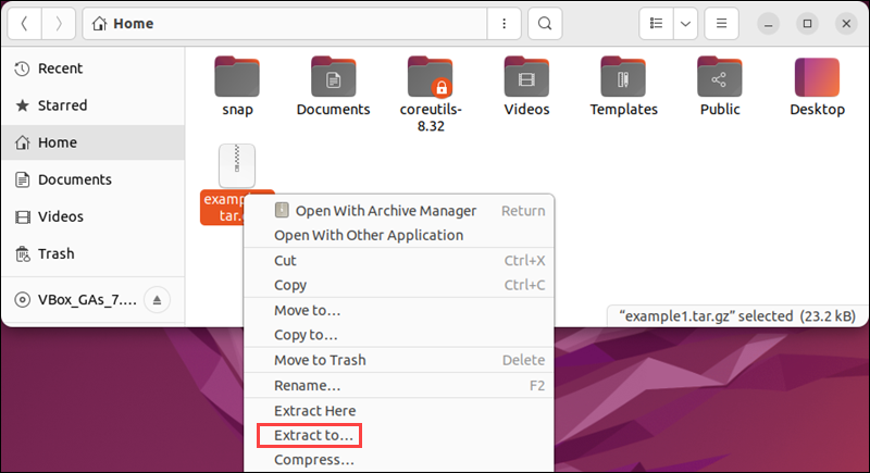 example1.tar.gz extract to option