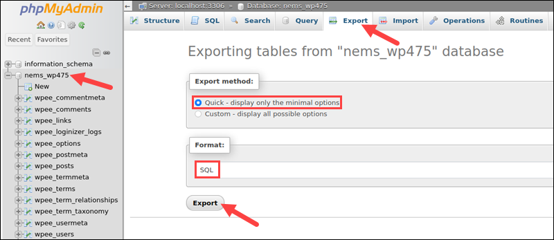 Exporting procedure in phpMyAdmin.