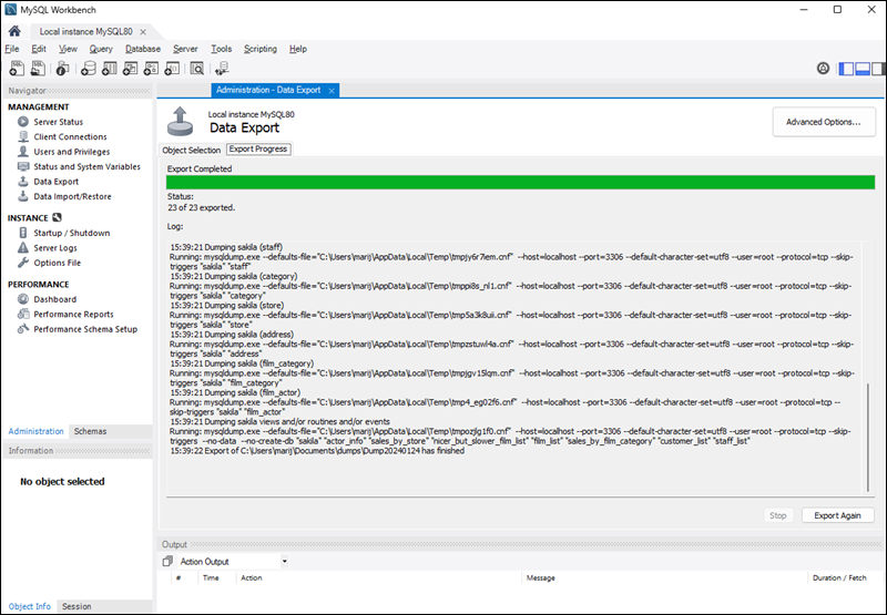 Completing the database backup using MySQL Workbench.