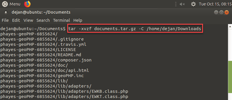 how to unzip a tar.gz file to a specific destination in Linux