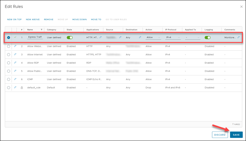 Firewall rule example UI