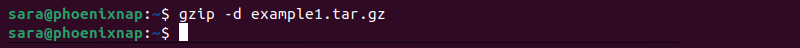 gzip -d example1.tar.gz terminal output