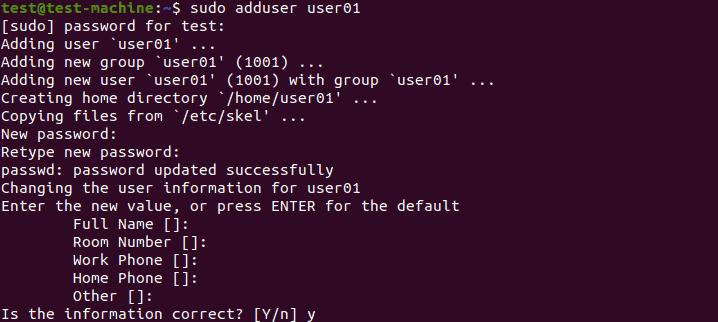 Output when adding a new user.