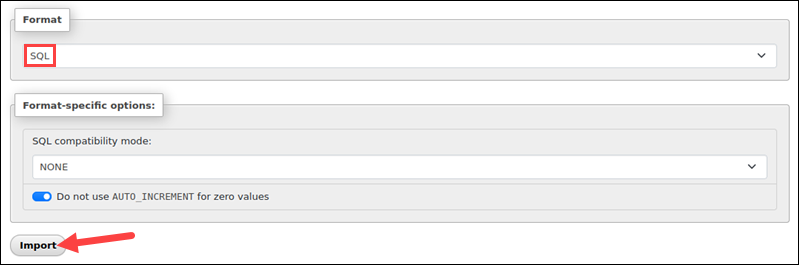 Importing procedure in phpMyAdmin - continuation.