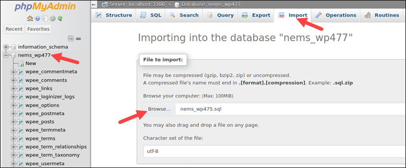 Importing procedure in phpMyAdmin.