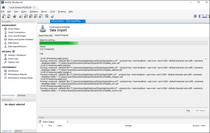 Restoring a MySQL database using MySQL Workbench.