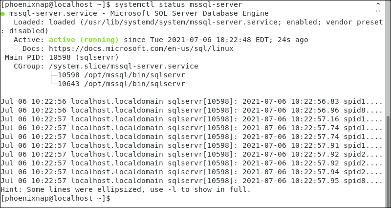 Checking the status of the mssql service in CentOS 7
