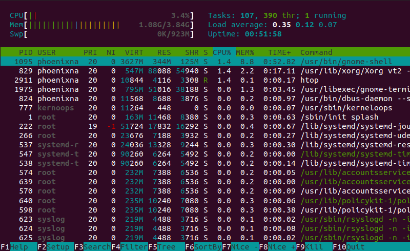 Linux htop command output