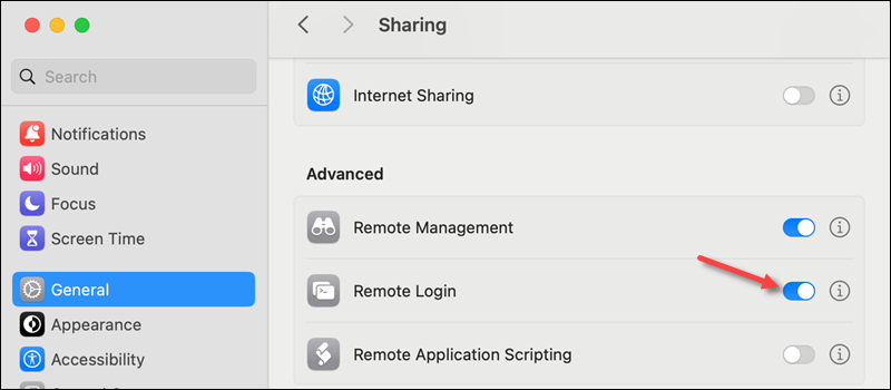 macOS Sharing Remote Login option on UI