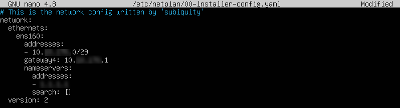 netplan config file in nano editor