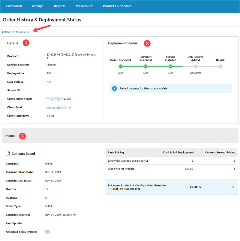 order history and status details screen in pncp