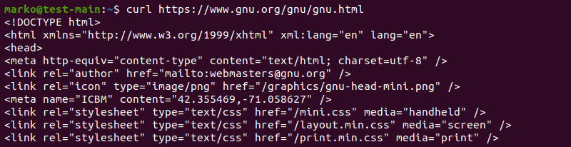 HTML contents found on the URL provided after the curl command