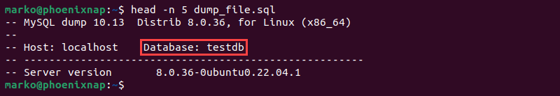 Checking the mysqldump file with the head command.