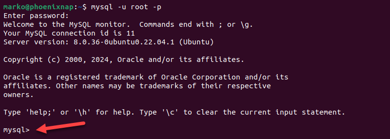 Launching the MySQL shell.