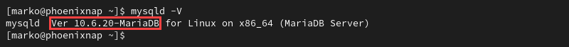 The mysqld command showing the installed MariaDB version.