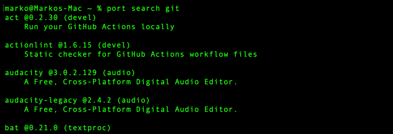 Searching for Git on MacPorts.