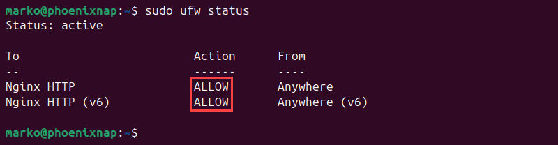 The output of the ufw status command, showing two allowed applications.