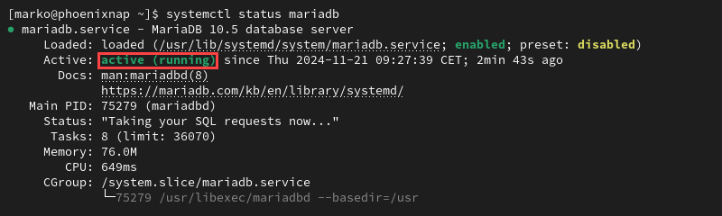 Checking MariaDB service status on CentOS and Rocky Linux Using systemctl.