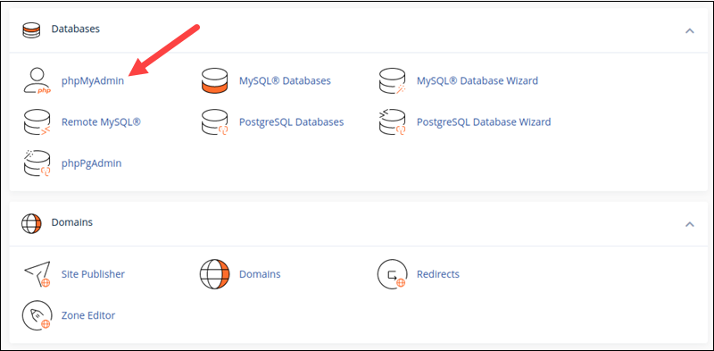 Locating phpMyAdmin in cPanel.
