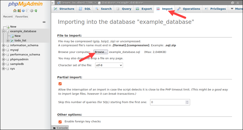 Restoring a MySQL database using phpMyAdmin.