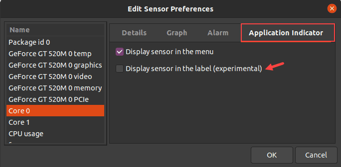 Display sensor output in the top label in Ubuntu.