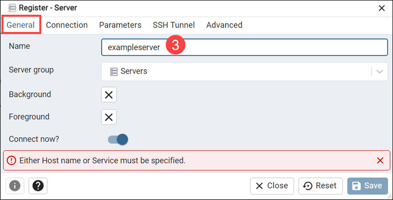 Enter PostgreSQL server name in Windows pgAdmin 4.