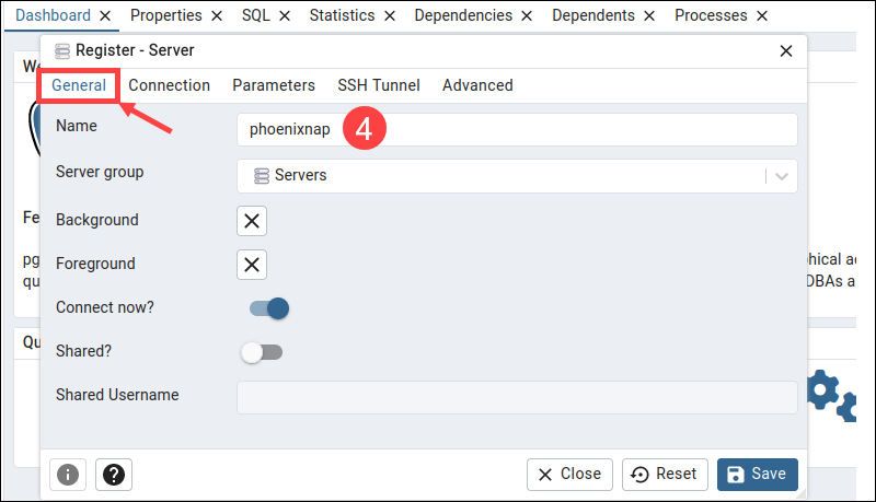 Enter server name in pgAdmin 4 in Linux.