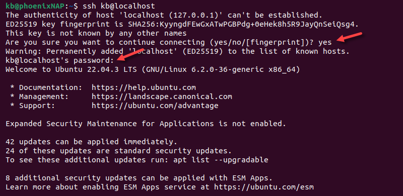 ssh kb@localhost terminal output