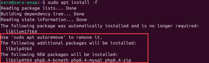 sudo apt install -f terminal output