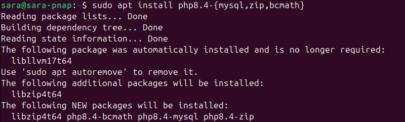 sudo apt install php8.4-{mysql,zip,bcmath} terminal output