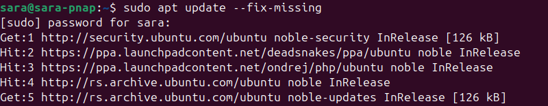 sudo apt update --fix-missing terminal output