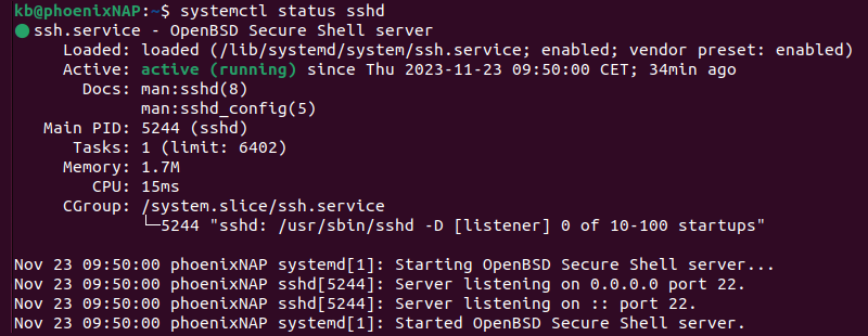 systemctl status sshd terminal output