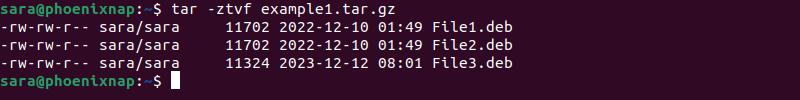 tar -ztvf example1.tar.gz terminal output