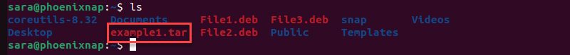 terminal-output for ls after tar xf example1.tar